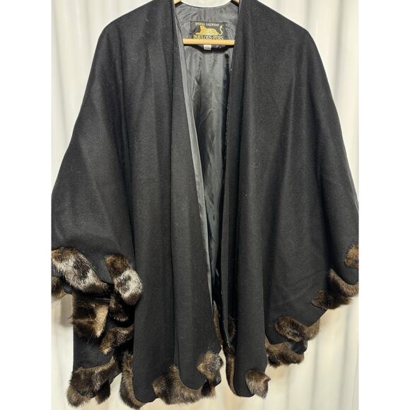 Donna Salyers Fabulous Furs OS Jet Black Cape W/Leopard Fur Accents Made In USA - Picture 1 of 8